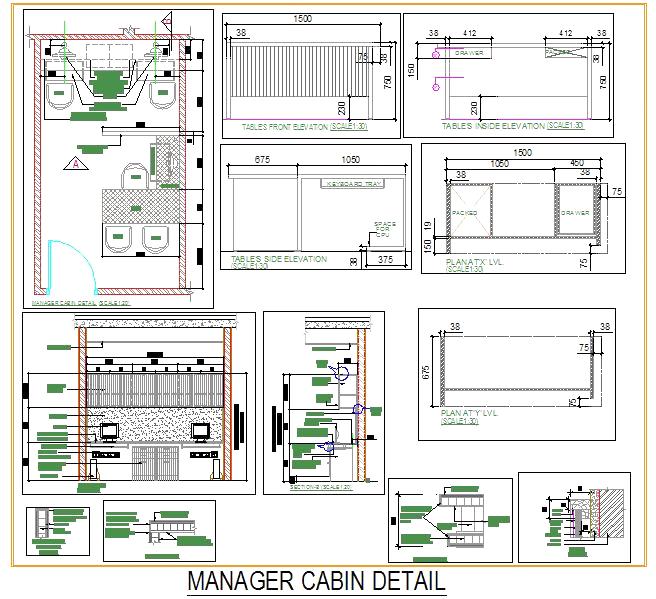 Manager Cabin CAD- L-Shape Desk & Workstations Layout